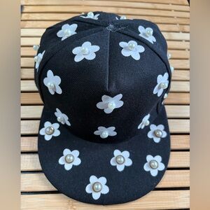 Black Baseball Cap with White Flowers and Pearls - Adjustable Strap